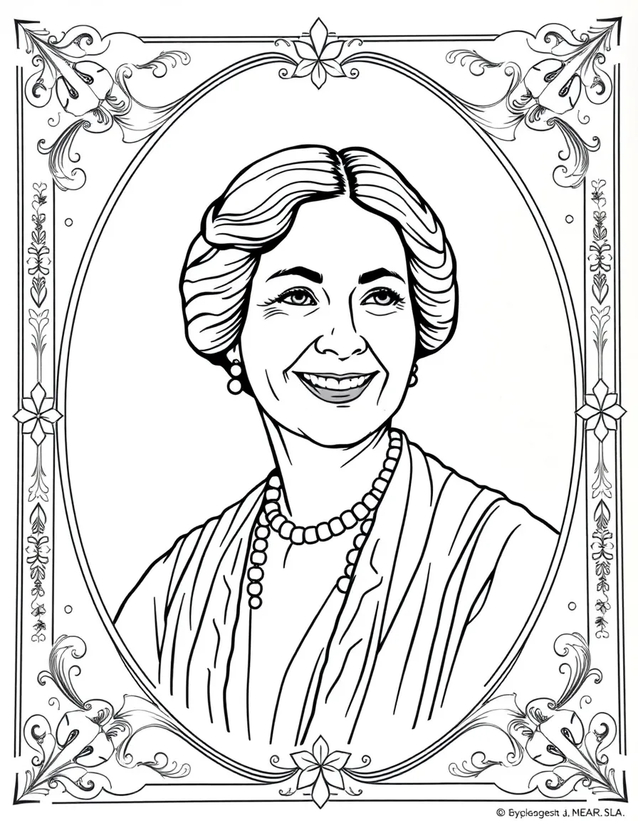 A portrait of Susan B. Anthony with a big smile, framed with decorative borders and symbols of their time period.