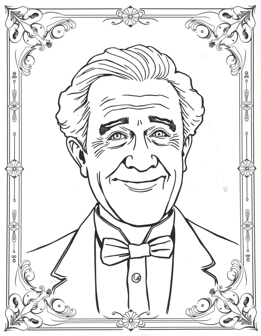 A portrait of Thomas Edison with a big smile, framed with decorative borders and symbols of their time period.