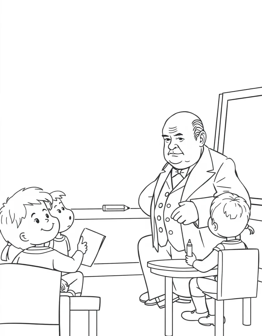 Winston Churchill teaching children, with educational items like chalkboards and pencils, in a friendly classroom scene.