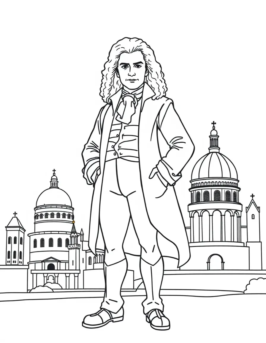 Isaac Newton standing proudly with historical landmarks in the background, drawn with clear bold lines for coloring.