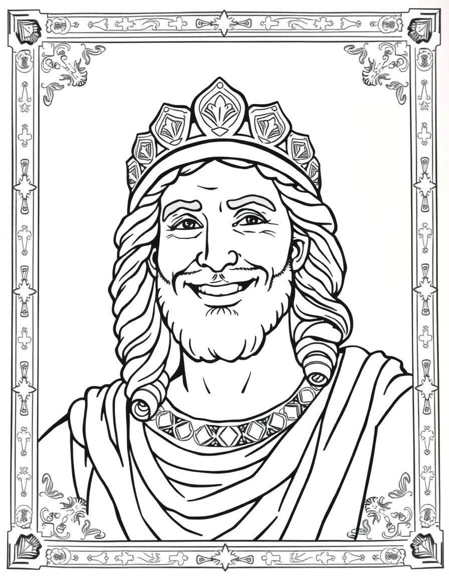 A portrait of Alexander the Great with a big smile, framed with decorative borders and symbols of their time period.