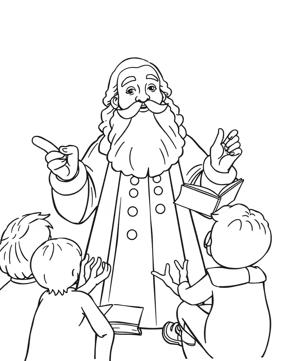 A fun coloring page of Galileo Galilei giving a speech to children with books and peace signs around.