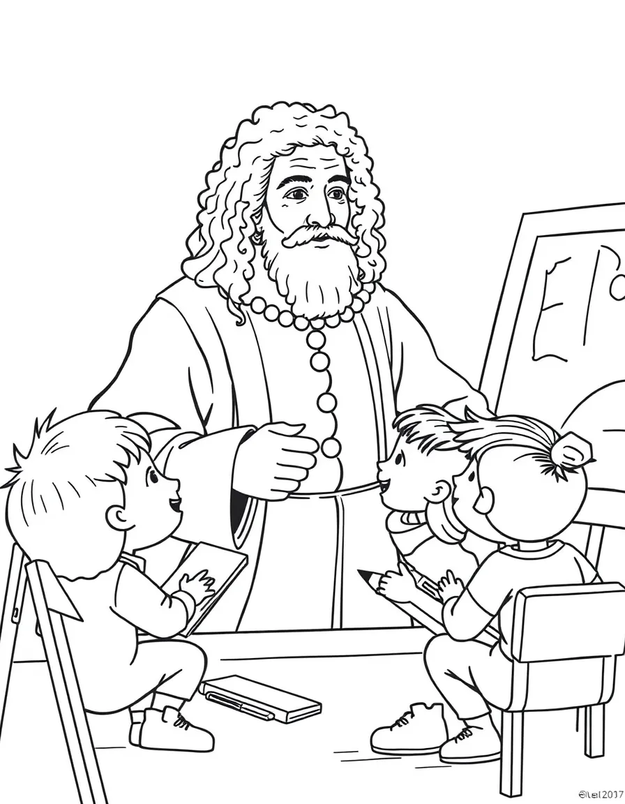 Leonardo da Vinci teaching children, with educational items like chalkboards and pencils, in a friendly classroom scene.