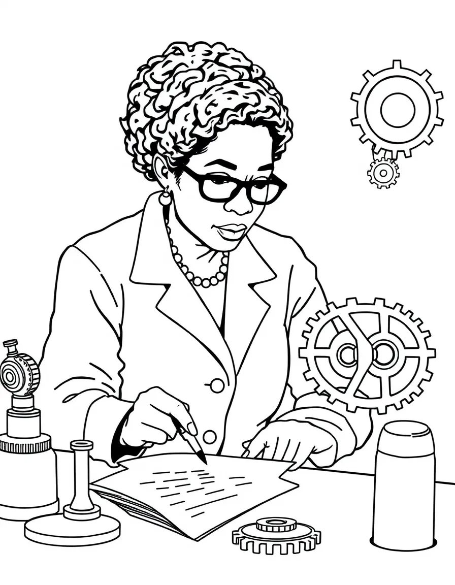 Rosa Parks working on their famous invention or idea, with gears, papers, or lab equipment drawn simply.