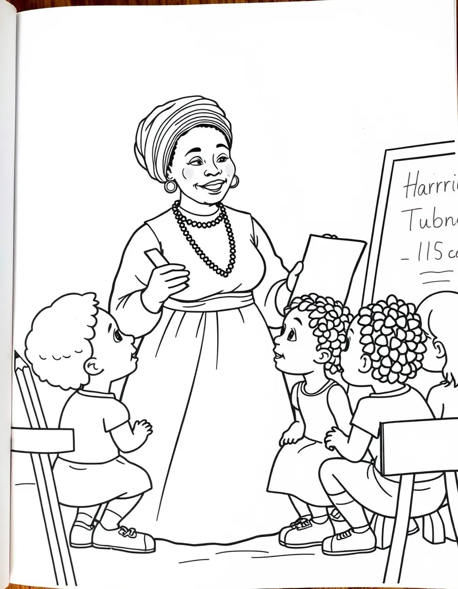 Harriet Tubman teaching children, with educational items like chalkboards and pencils, in a friendly classroom scene.