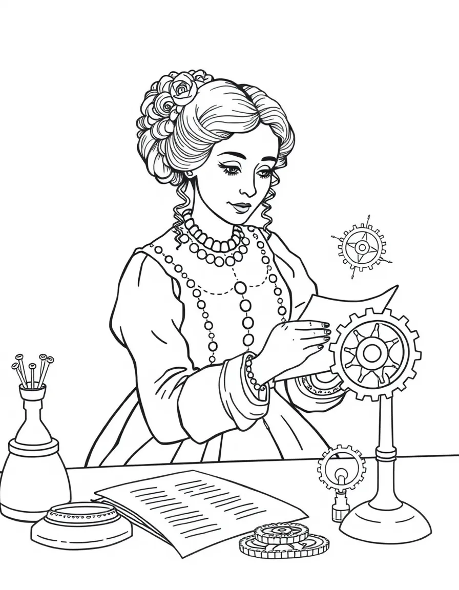 Ada Lovelace working on their famous invention or idea, with gears, papers, or lab equipment drawn simply.