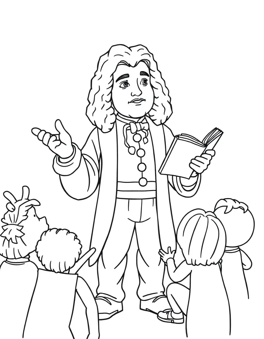 A fun coloring page of Isaac Newton giving a speech to children with books and peace signs around.