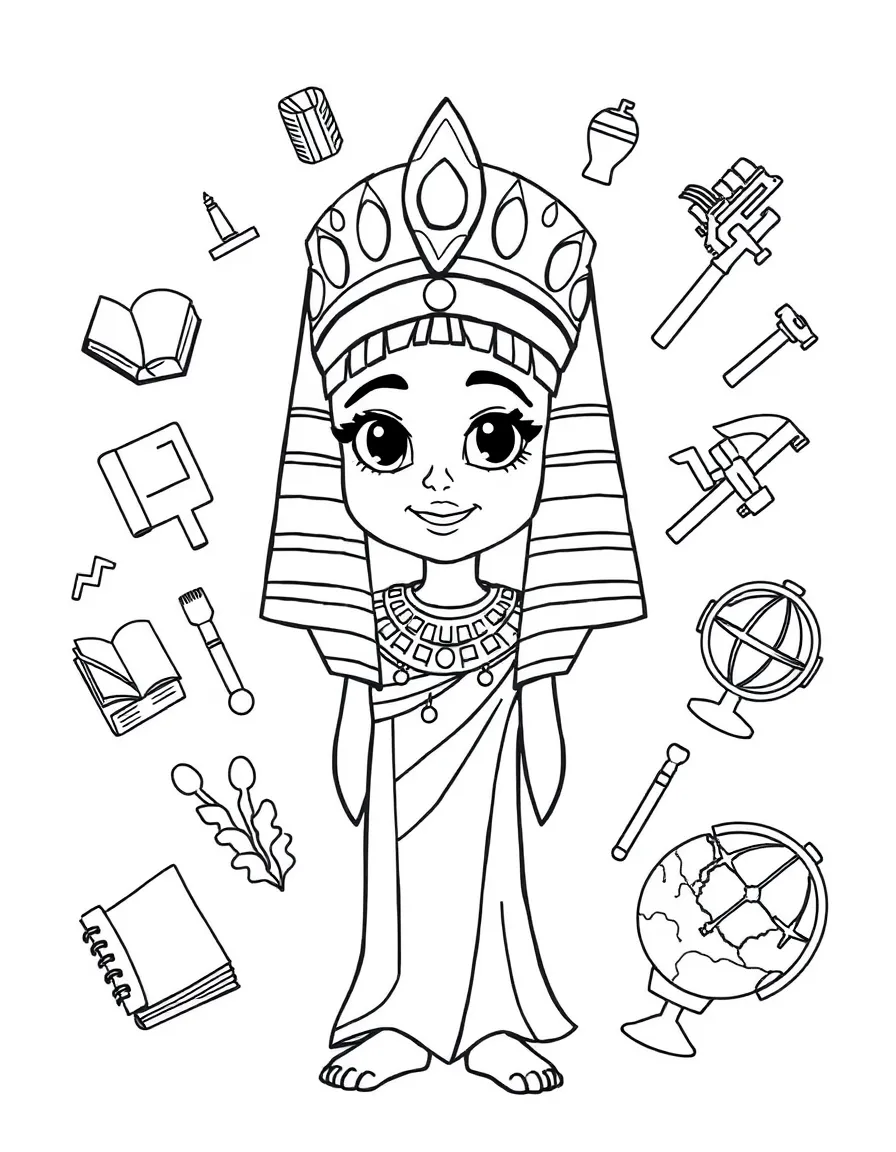 A cartoon-style drawing of Cleopatra surrounded by symbols of their achievements, like books, tools, or globes.