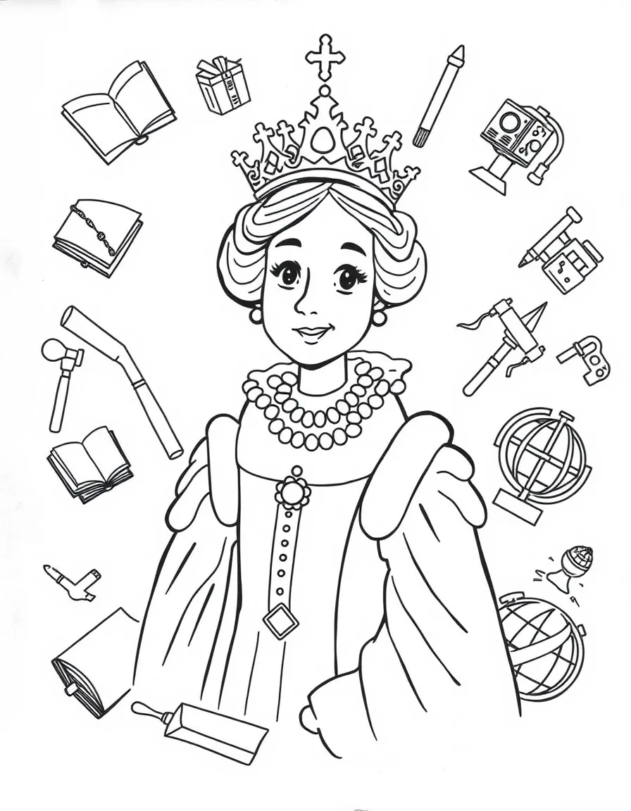 A cartoon-style drawing of Queen Elizabeth I surrounded by symbols of their achievements, like books, tools, or globes.