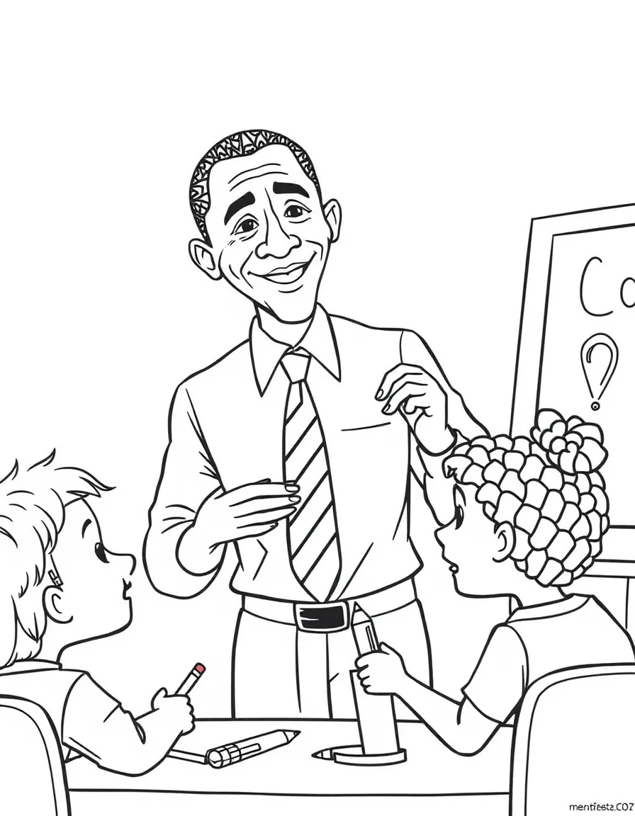 Barack Obama teaching children, with educational items like chalkboards and pencils, in a friendly classroom scene.