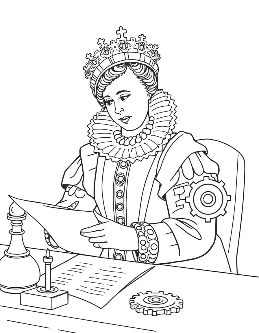 Queen Elizabeth I working on their famous invention or idea, with gears, papers, or lab equipment drawn simply.