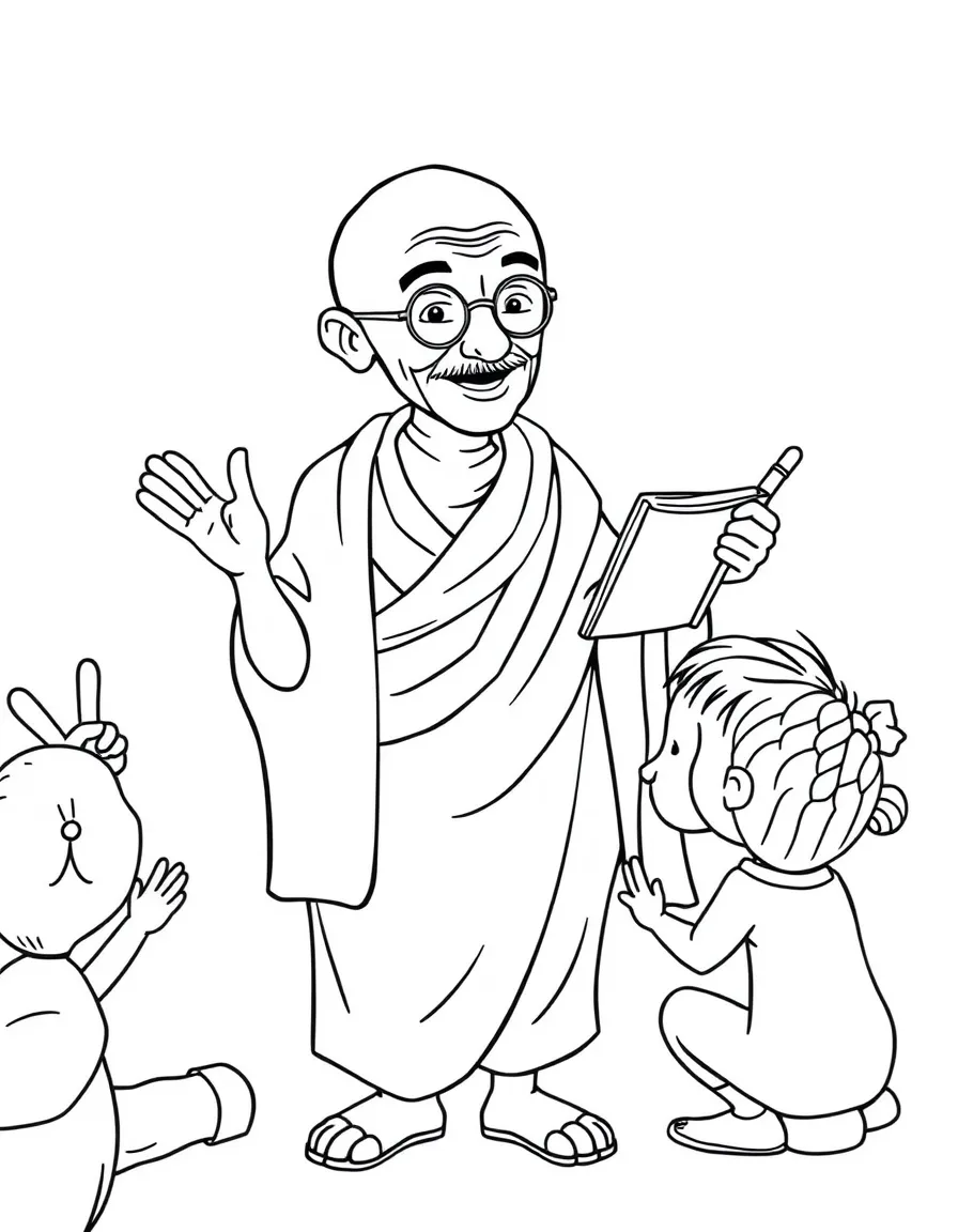 A fun coloring page of Mahatma Gandhi giving a speech to children with books and peace signs around.