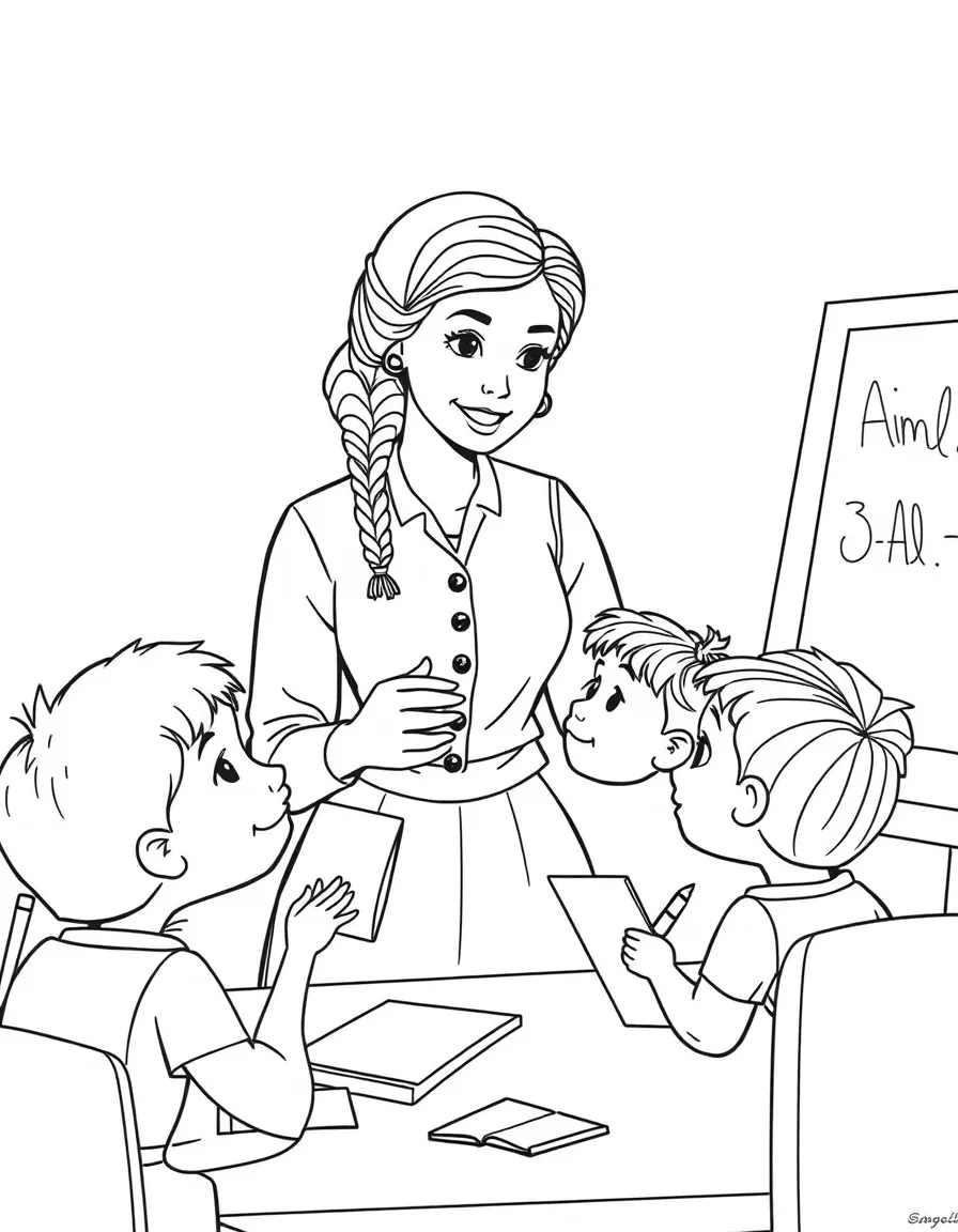 Amelia Earhart teaching children, with educational items like chalkboards and pencils, in a friendly classroom scene.