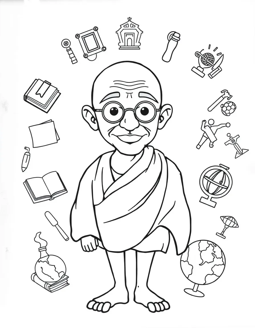 A cartoon-style drawing of Mahatma Gandhi surrounded by symbols of their achievements, like books, tools, or globes.