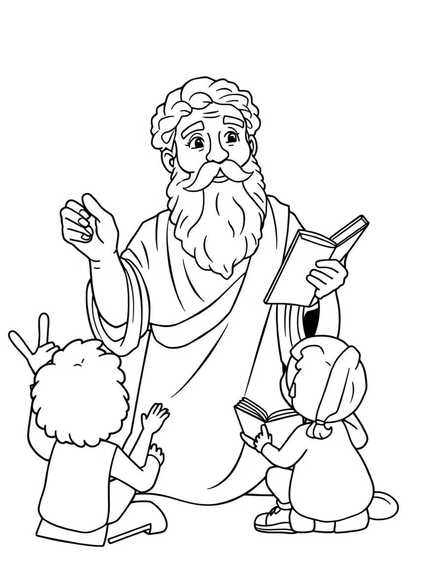 A fun coloring page of Plato giving a speech to children with books and peace signs around.
