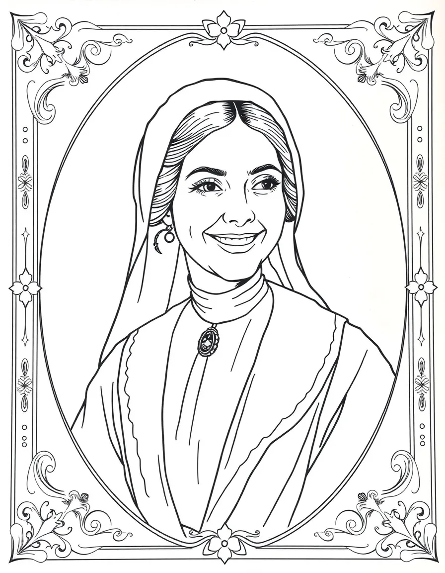 A portrait of Florence Nightingale with a big smile, framed with decorative borders and symbols of their time period.