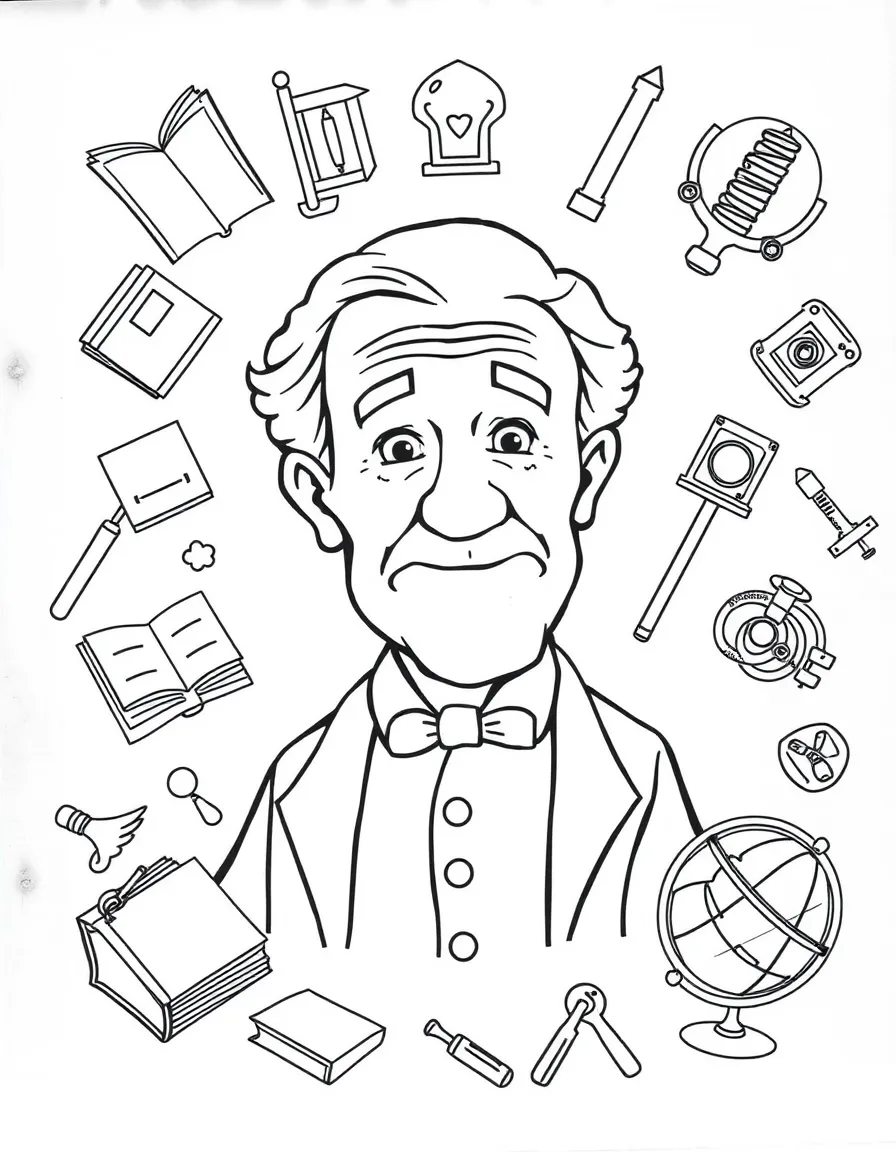 A cartoon-style drawing of Thomas Edison surrounded by symbols of their achievements, like books, tools, or globes.