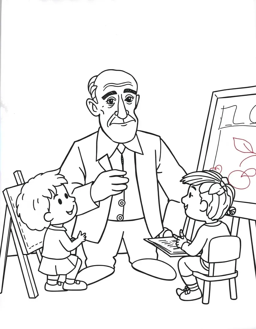 Pablo Picasso teaching children, with educational items like chalkboards and pencils, in a friendly classroom scene.