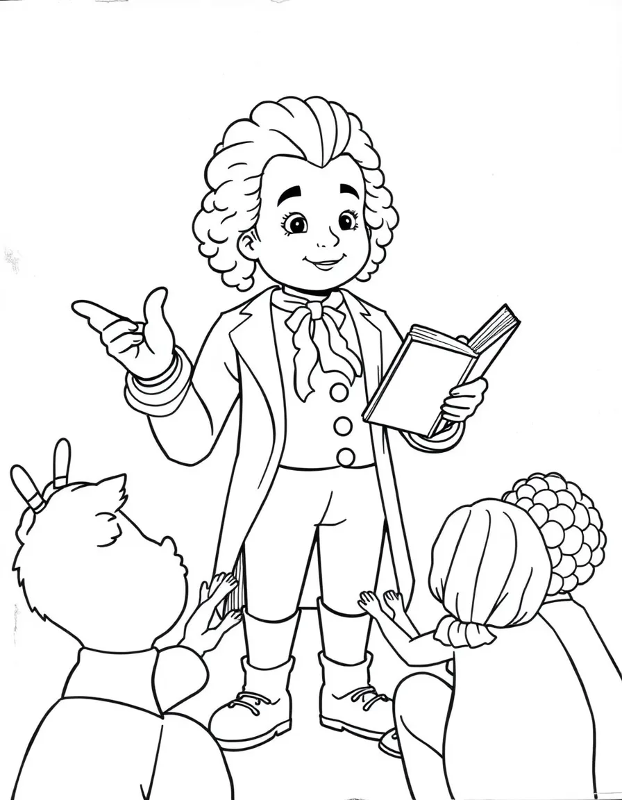 A fun coloring page of Mozart giving a speech to children with books and peace signs around.