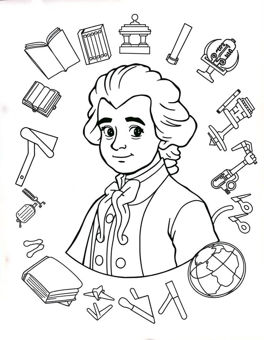A cartoon-style drawing of Mozart surrounded by symbols of their achievements, like books, tools, or globes.