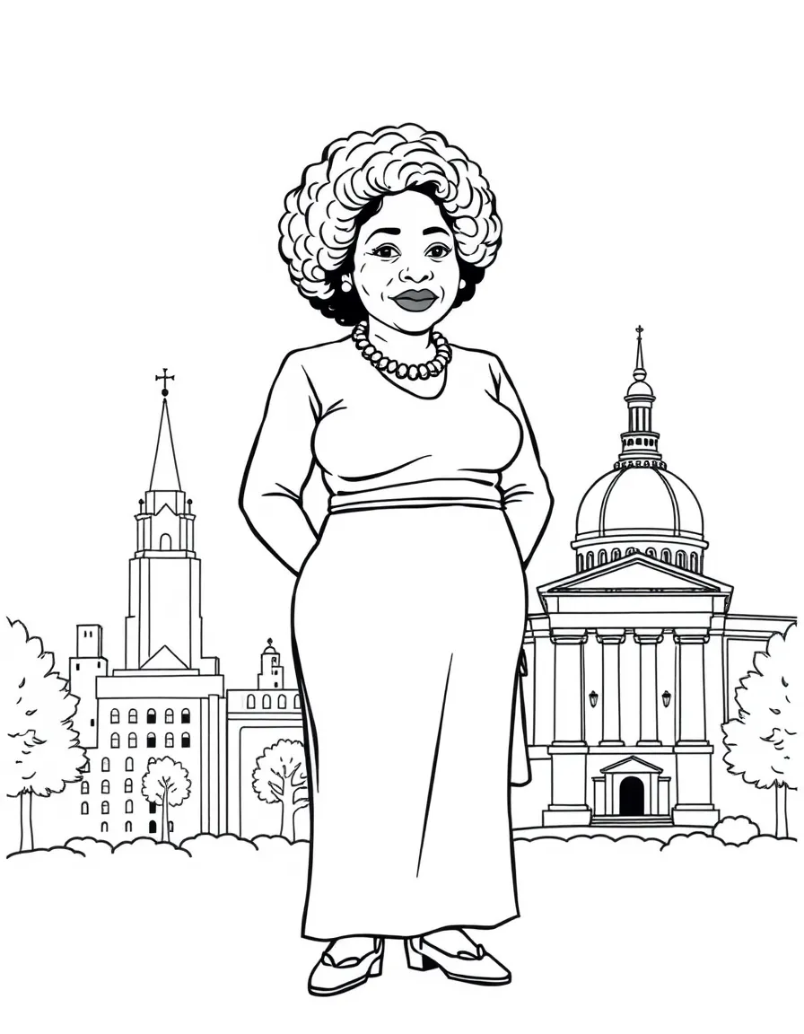 Rosa Parks standing proudly with historical landmarks in the background, drawn with clear bold lines for coloring.