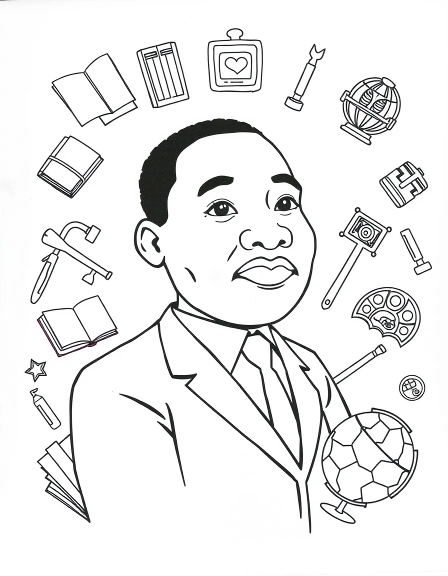 A cartoon-style drawing of Martin Luther King Jr. surrounded by symbols of their achievements, like books, tools, or globes.