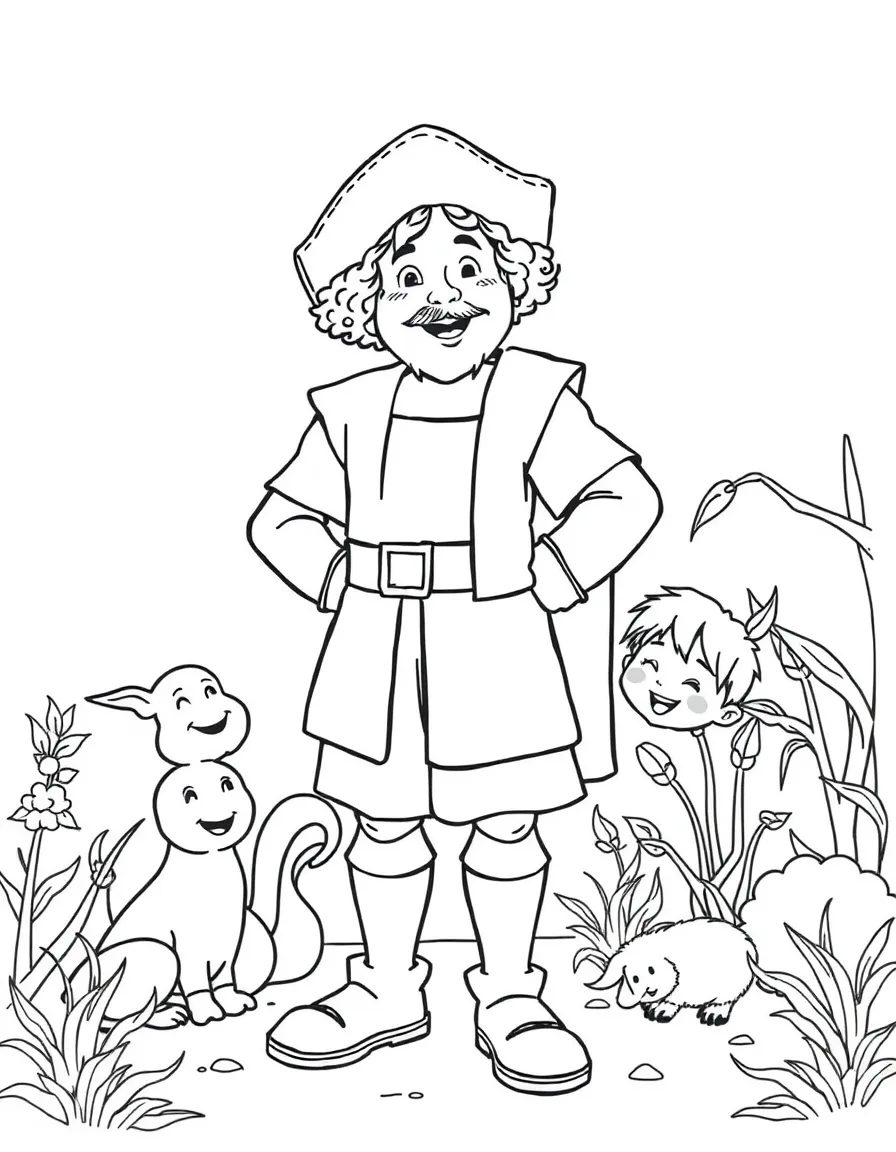 A playful scene showing Christopher Columbus in a historical outfit with animals, plants, or kids nearby.
