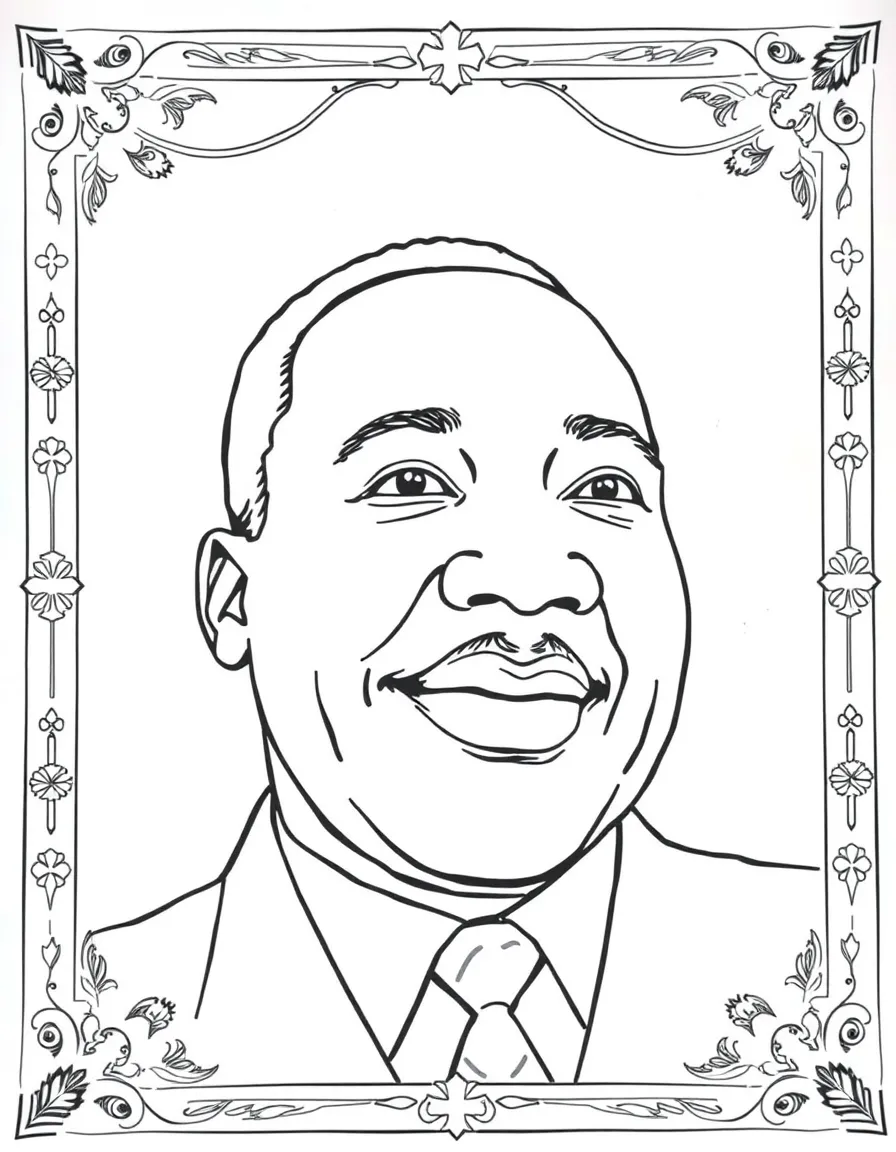 A portrait of Martin Luther King Jr. with a big smile, framed with decorative borders and symbols of their time period.
