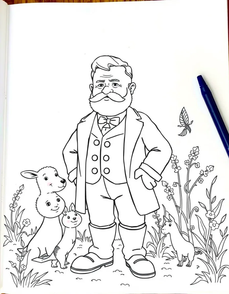 A playful scene showing Theodore Roosevelt in a historical outfit with animals, plants, or kids nearby.