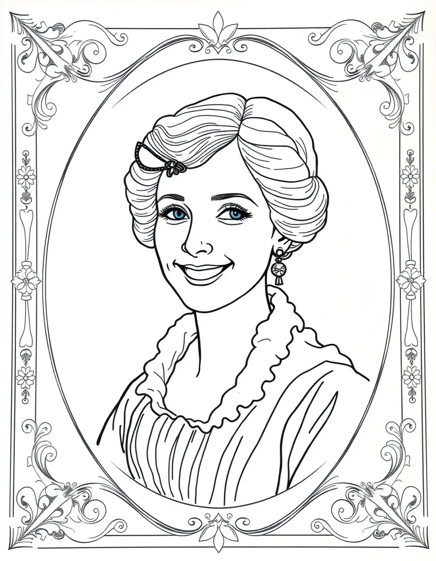A portrait of Jane Austen with a big smile, framed with decorative borders and symbols of their time period.