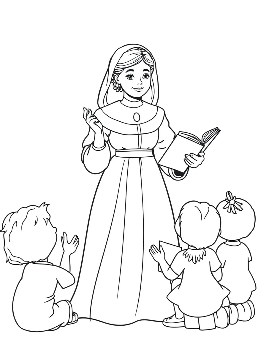 A fun coloring page of Florence Nightingale giving a speech to children with books and peace signs around.