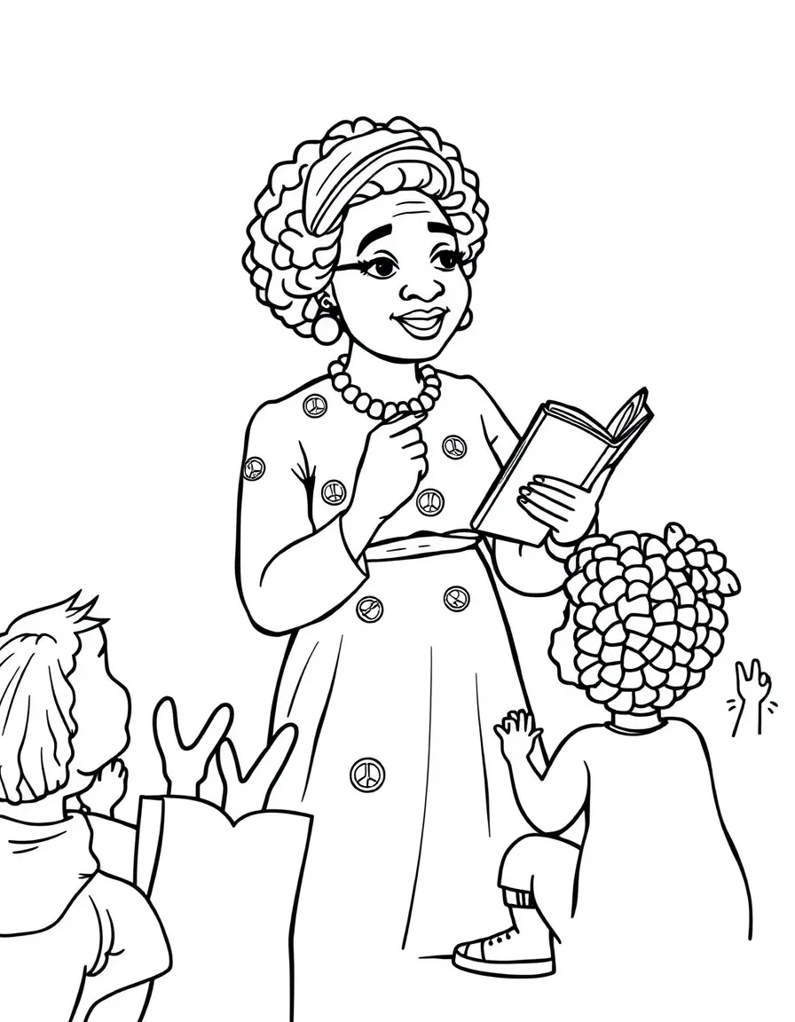 A fun coloring page of Rosa Parks giving a speech to children with books and peace signs around.