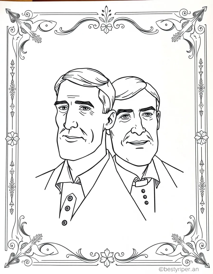 A portrait of The Wright Brothers with a big smile, framed with decorative borders and symbols of their time period.