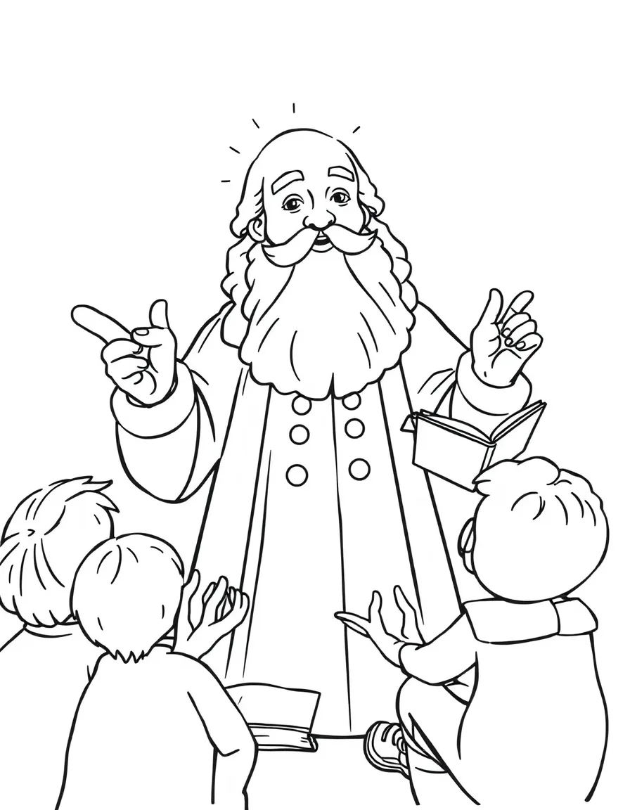 A fun coloring page of Galileo Galilei giving a speech to children with books and peace signs around.