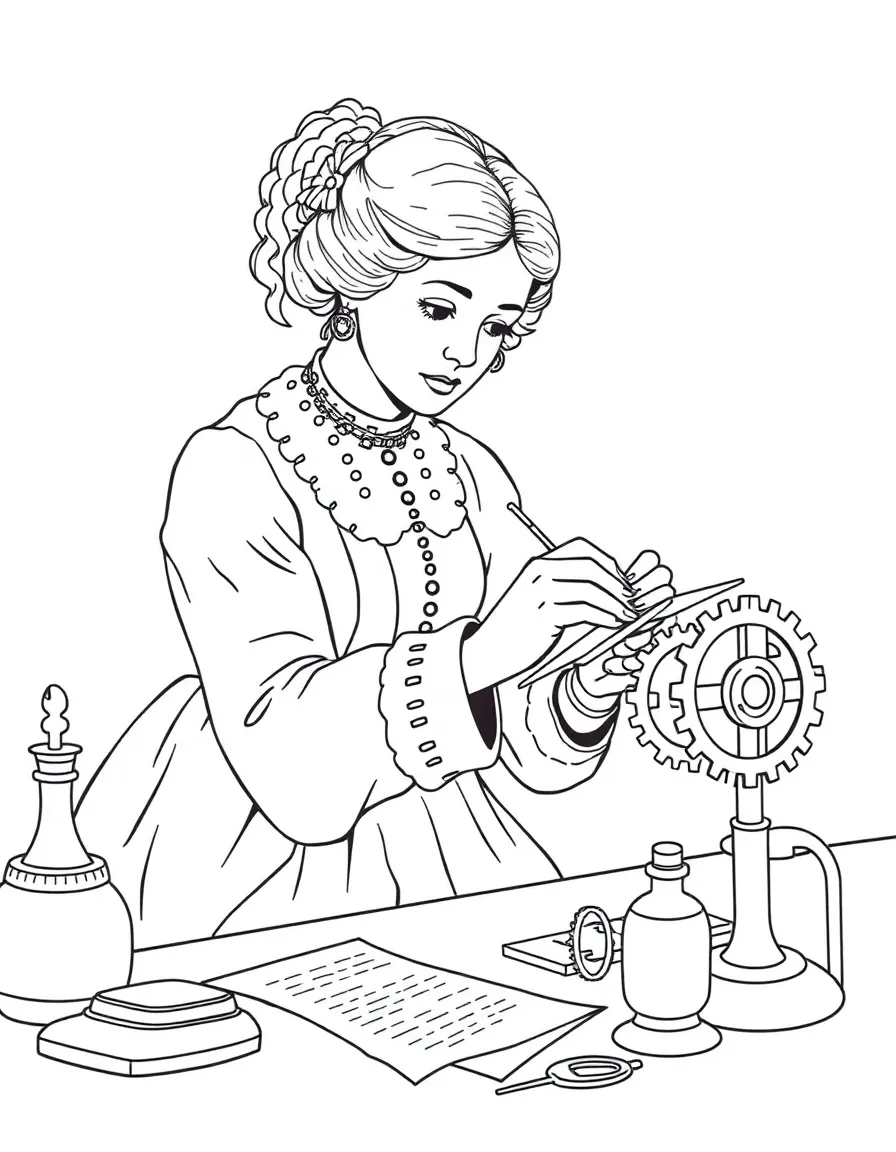 Florence Nightingale working on their famous invention or idea, with gears, papers, or lab equipment drawn simply.