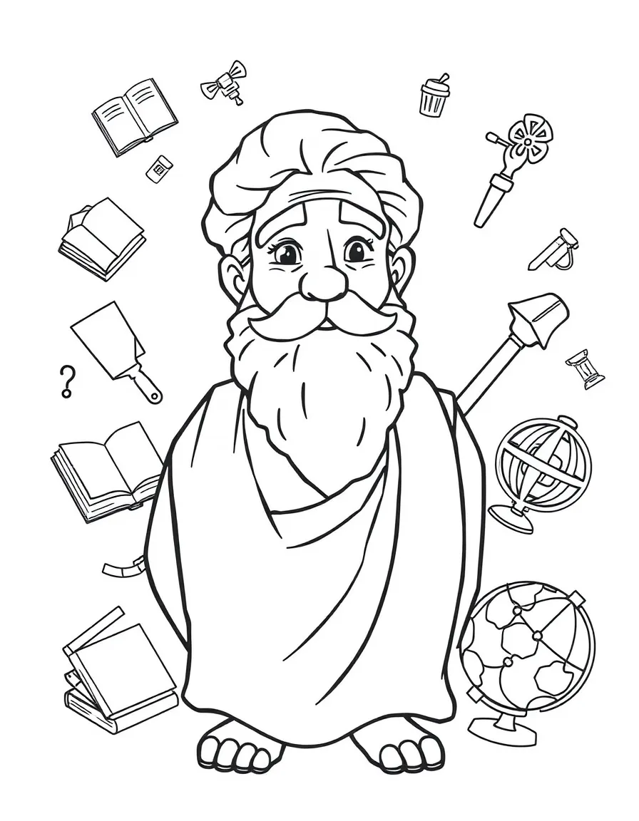 A cartoon-style drawing of Socrates surrounded by symbols of their achievements, like books, tools, or globes.