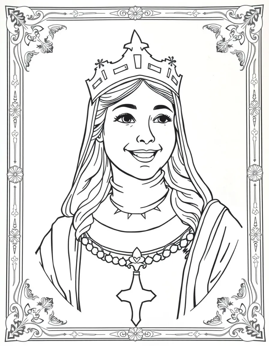 A portrait of Joan of Arc with a big smile, framed with decorative borders and symbols of their time period.