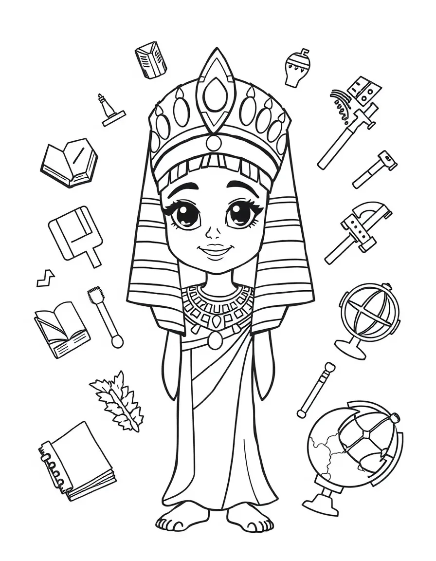 A cartoon-style drawing of Cleopatra surrounded by symbols of their achievements, like books, tools, or globes.