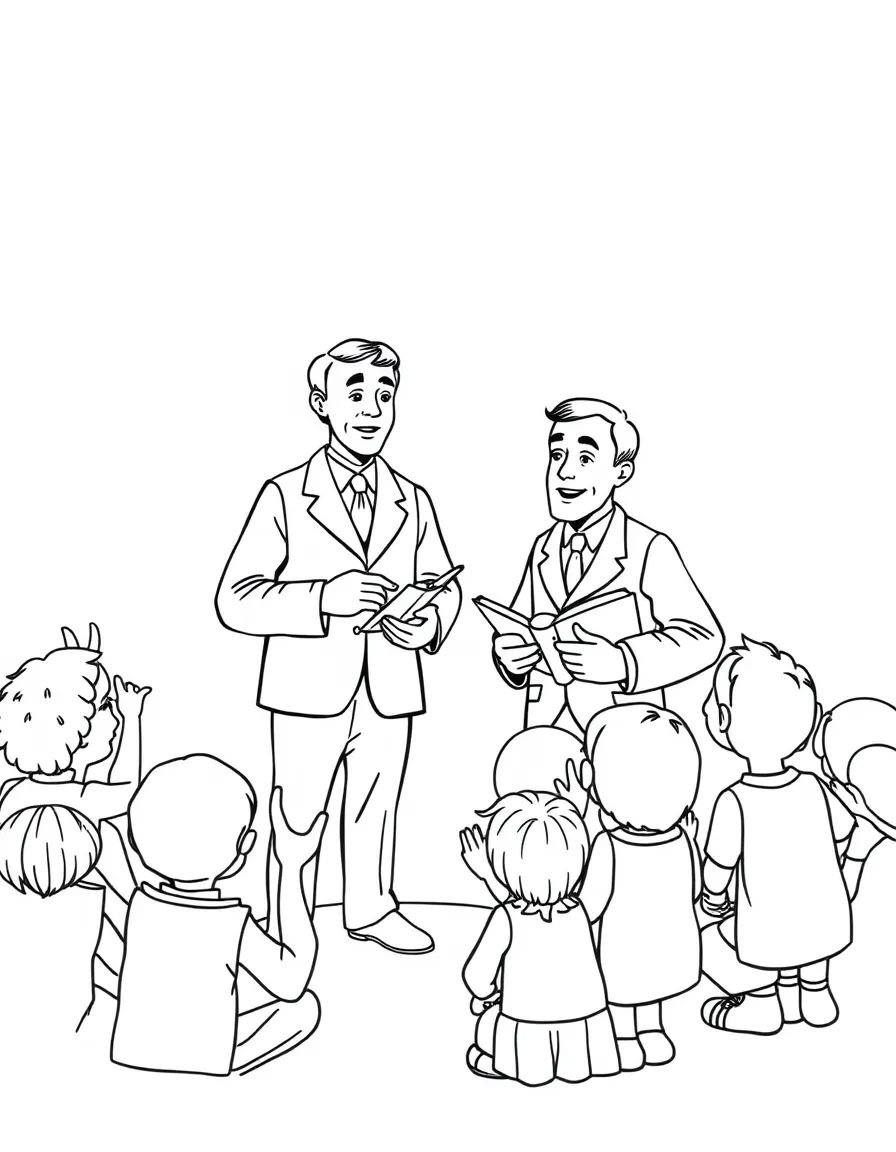 A fun coloring page of The Wright Brothers giving a speech to children with books and peace signs around.