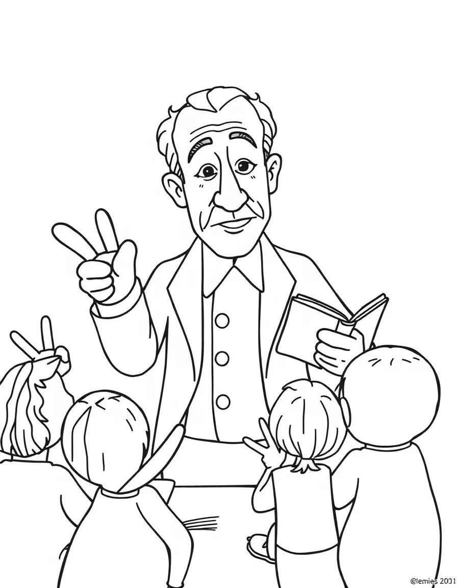A fun coloring page of Pablo Picasso giving a speech to children with books and peace signs around.