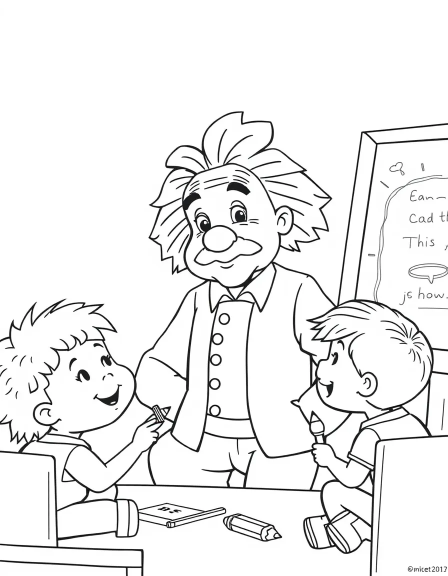 Albert Einstein teaching children, with educational items like chalkboards and pencils, in a friendly classroom scene.