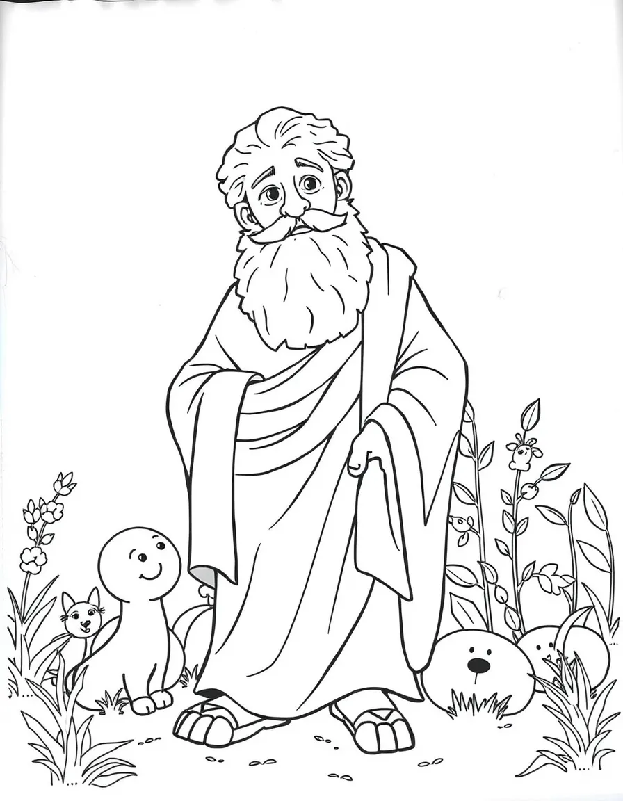 A playful scene showing Plato in a historical outfit with animals, plants, or kids nearby.