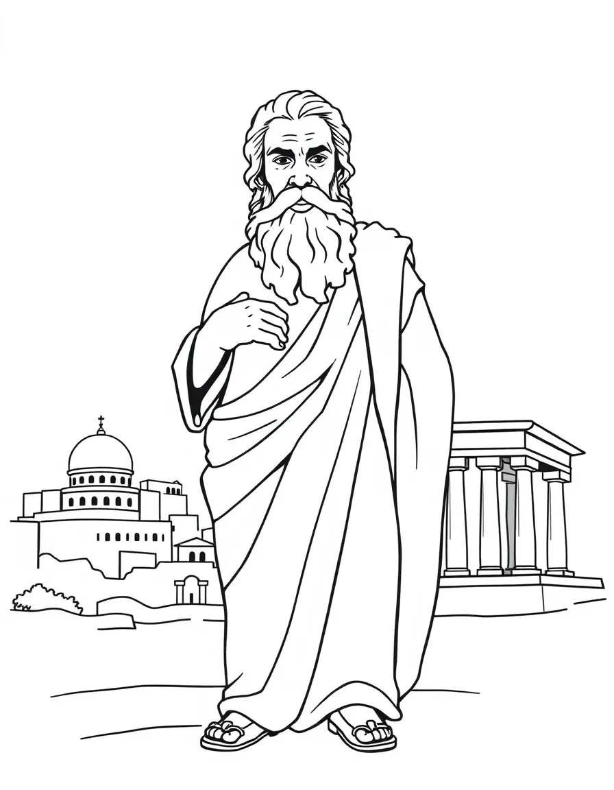Socrates standing proudly with historical landmarks in the background, drawn with clear bold lines for coloring.