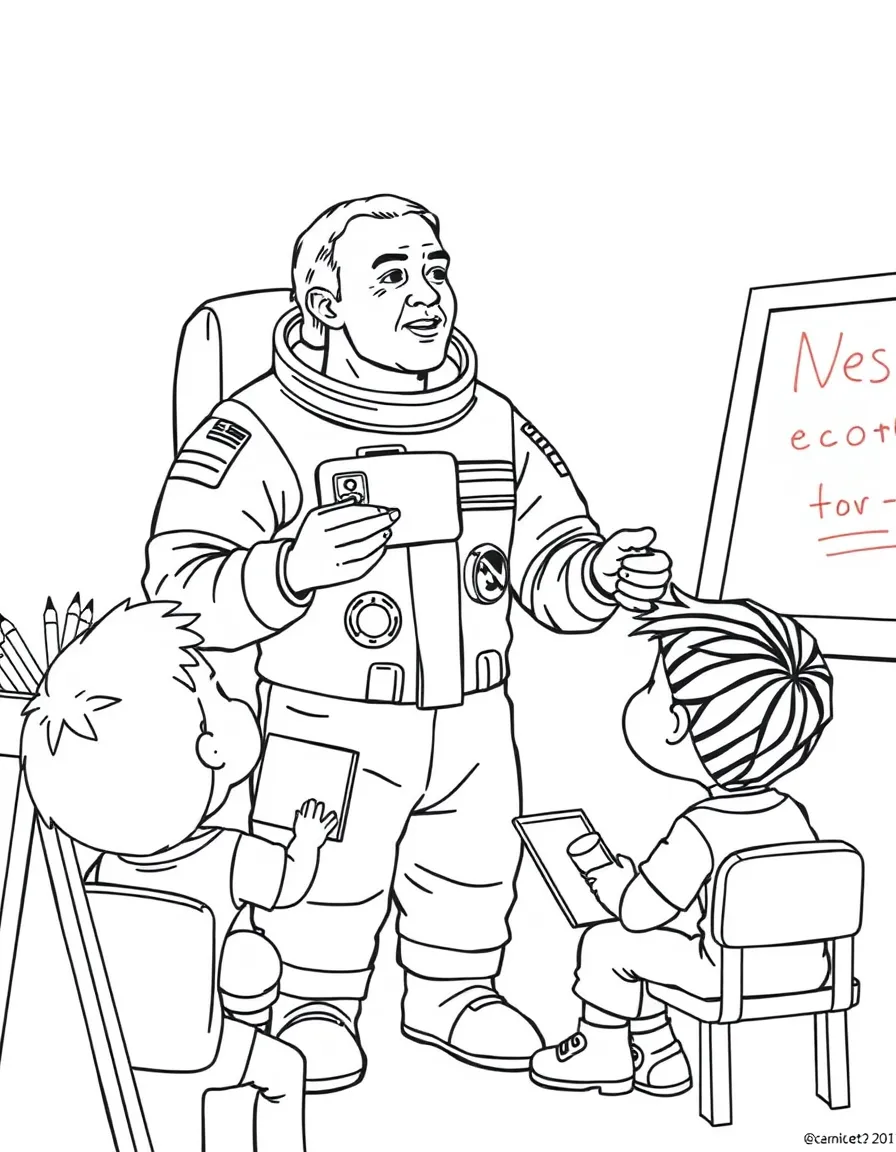 Neil Armstrong teaching children, with educational items like chalkboards and pencils, in a friendly classroom scene.