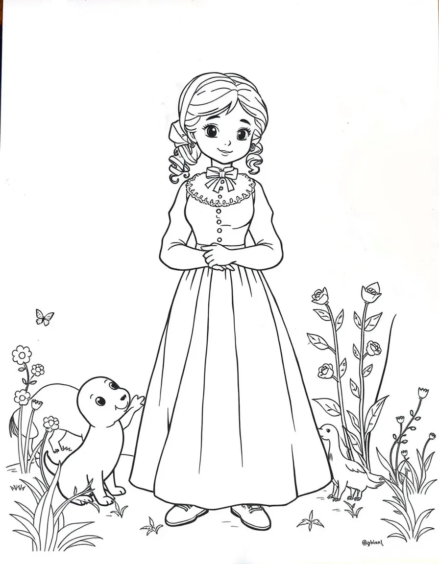 A playful scene showing Jane Austen in a historical outfit with animals, plants, or kids nearby.