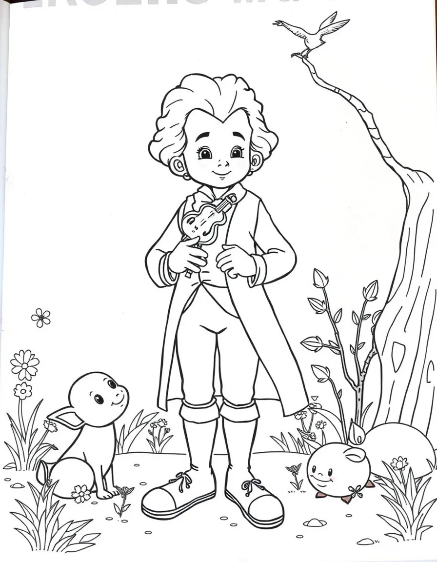 A playful scene showing Mozart in a historical outfit with animals, plants, or kids nearby.