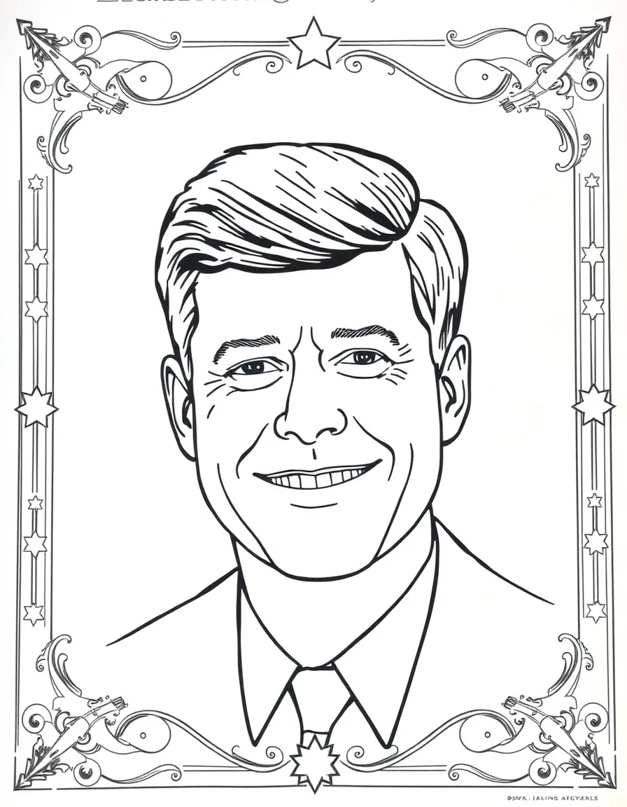 A portrait of John F. Kennedy with a big smile, framed with decorative borders and symbols of their time period.