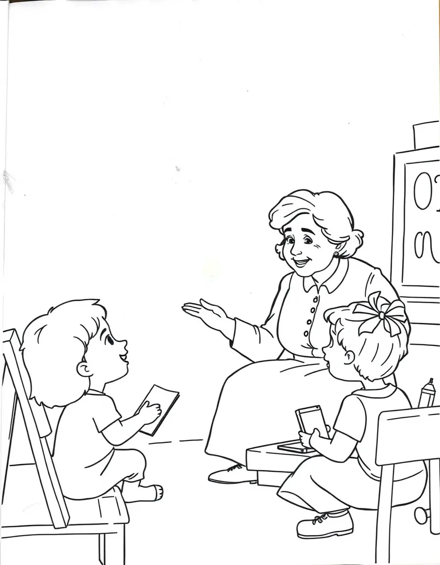 Helen Keller teaching children, with educational items like chalkboards and pencils, in a friendly classroom scene.