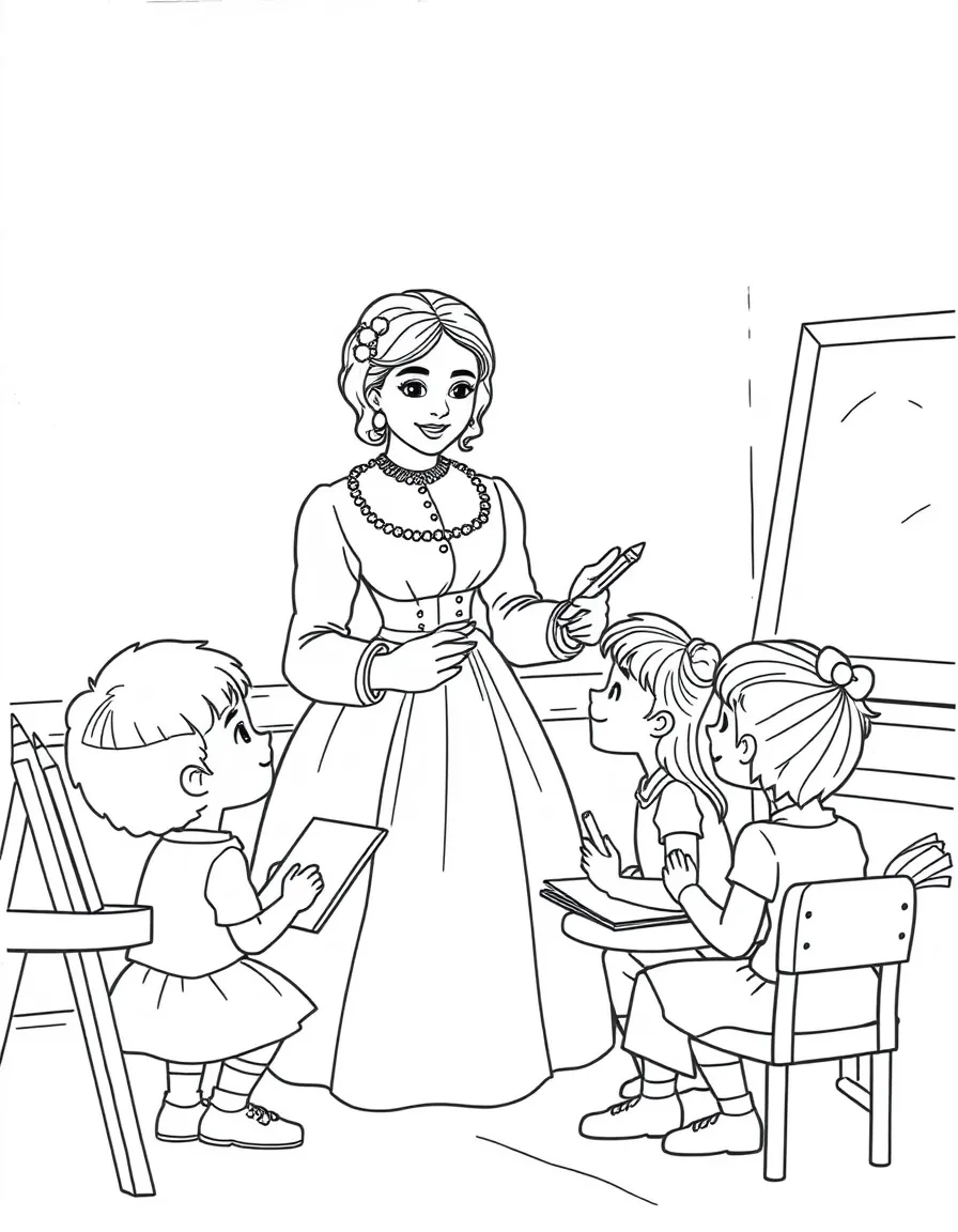 Jane Austen teaching children, with educational items like chalkboards and pencils, in a friendly classroom scene.