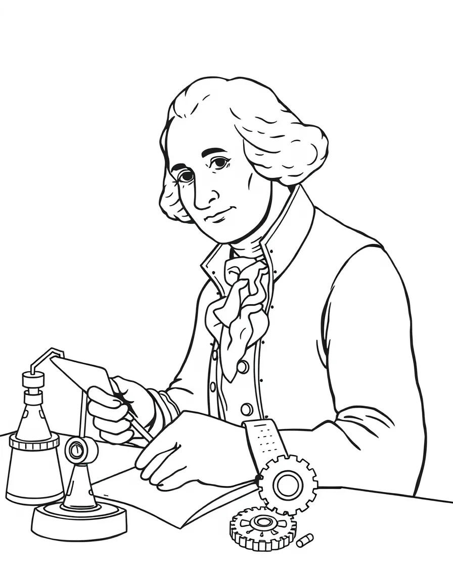 George Washington working on their famous invention or idea, with gears, papers, or lab equipment drawn simply.
